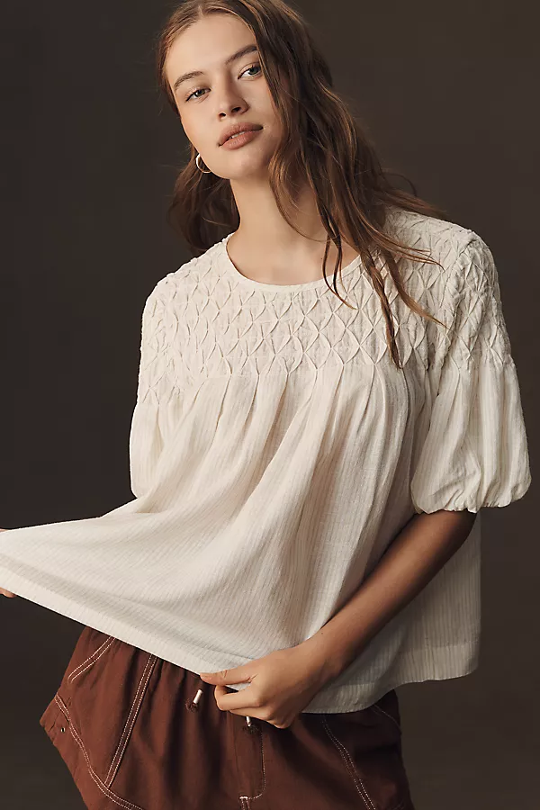 anthropologie The Liza Puff-Sleeve Smocked Linen Top Ivory