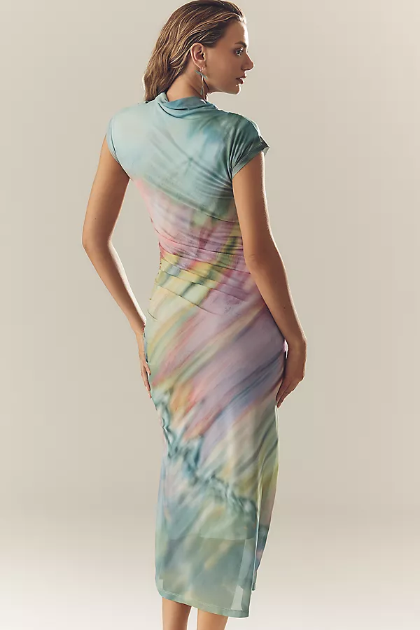 Anthropologie The Maya Ruched Cowl-Neck Dress: Mesh Edition Green Pattern