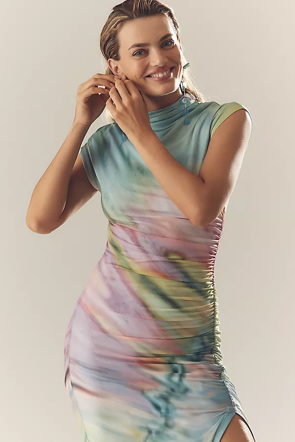 Anthropologie The Maya Ruched Cowl-Neck Dress: Mesh Edition Green Pattern