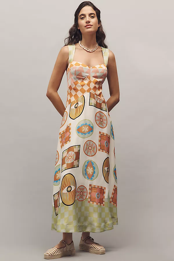 anthropologie The Meredith Walker Jocelyn Sleeveless Slip Midi Dress by Maeve Peach Pattern