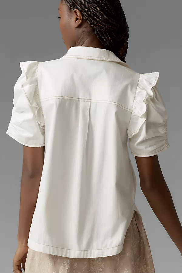 Anthropologie The Ozzi Ruffle-Sleeve Buttondown Shirt By Pilcro Ivory