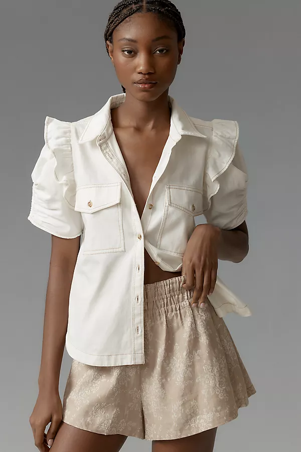 anthropologie The Ozzi Ruffle-Sleeve Buttondown Shirt by Pilcro Ivory