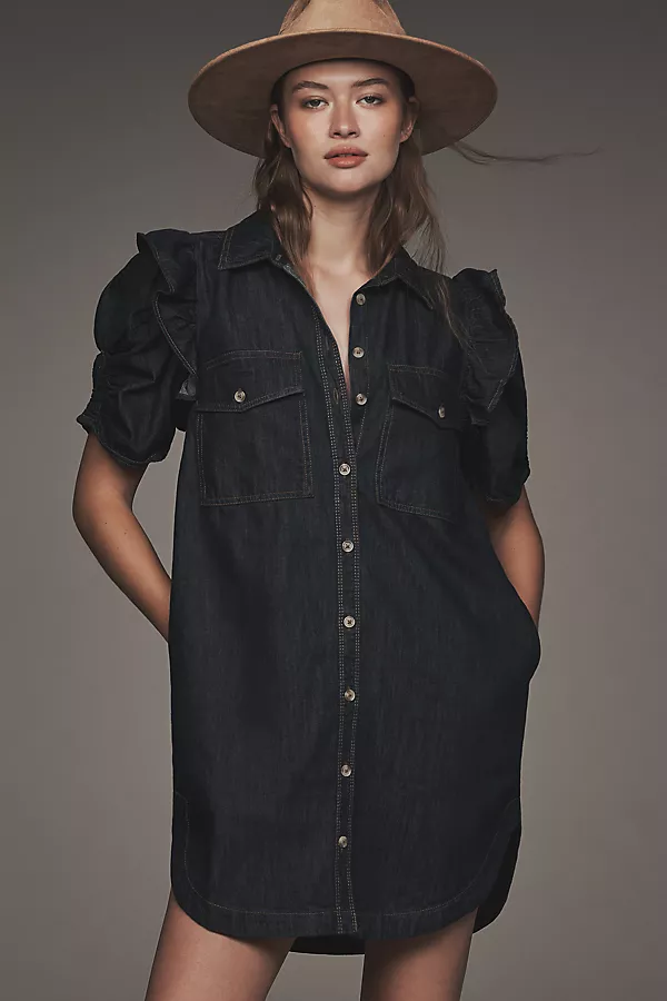 anthropologie The Ozzi Ruffle-Sleeve Shirtdress by Pilcro Blue