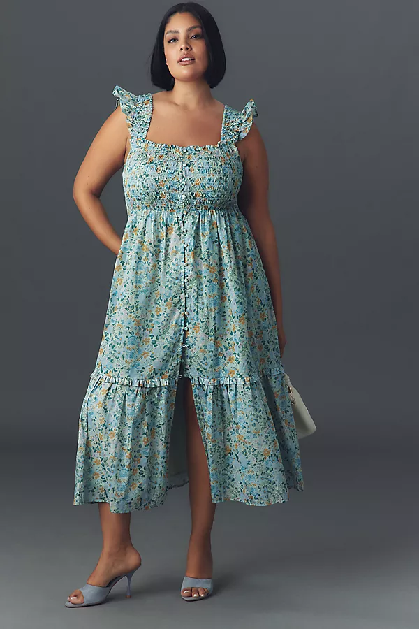 Anthropologie The Peregrine Midi Dress: Square-Neck Edition Blue Floral