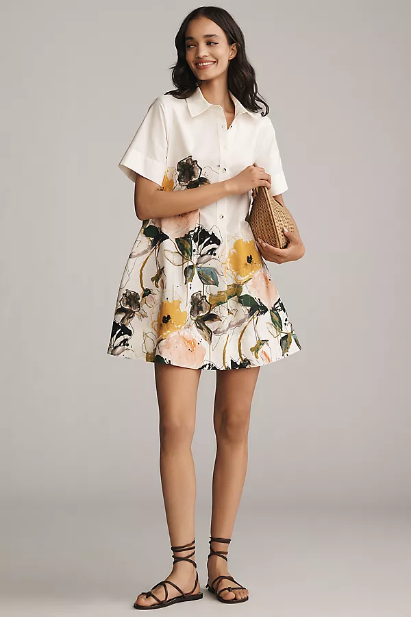 Anthropologie The Pollie Short-Sleeve Swing Tunic Mini Dress: Leigh Viner Edition Ivory Floral