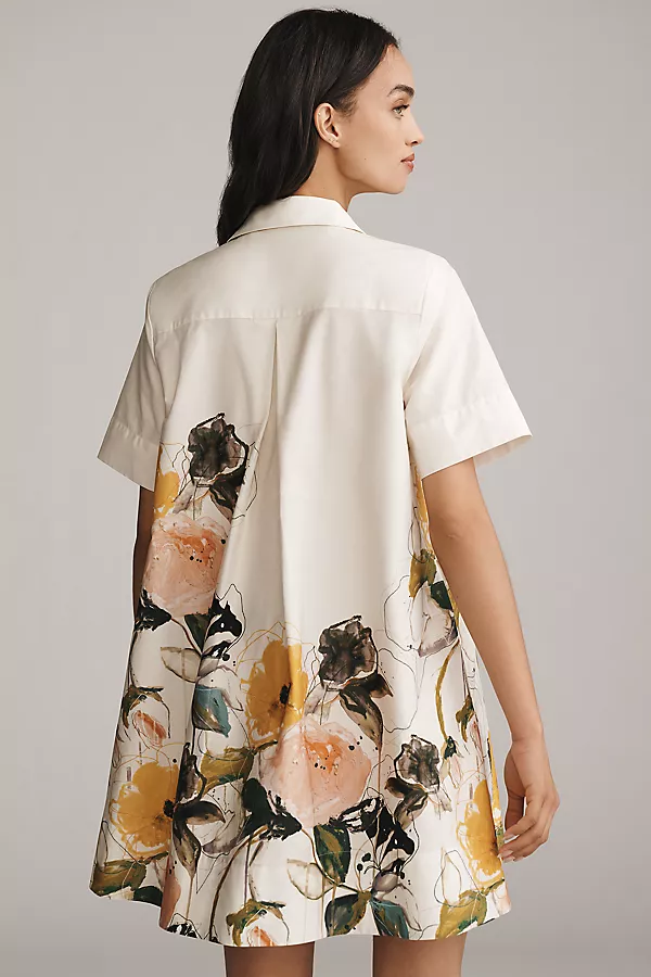 Anthropologie The Pollie Short-Sleeve Swing Tunic Mini Dress: Leigh Viner Edition Ivory Floral