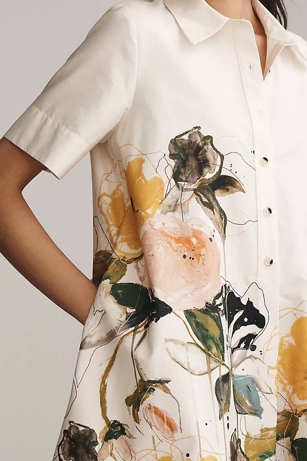 Anthropologie The Pollie Short-Sleeve Swing Tunic Mini Dress: Leigh Viner Edition Ivory Floral