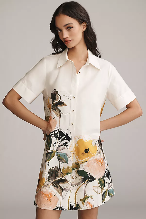 anthropologie The Pollie Short-Sleeve Swing Tunic Mini Dress: Leigh Viner Edition Ivory Floral