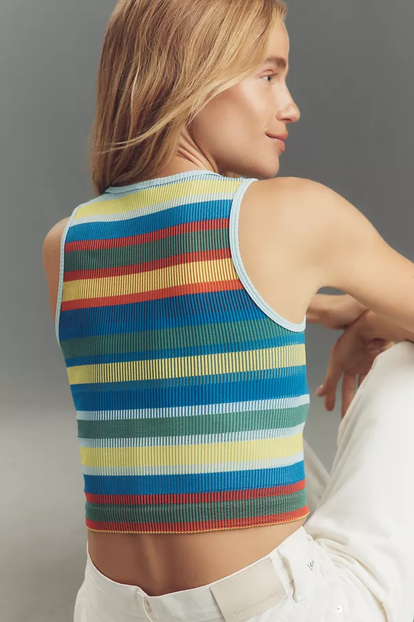 Anthropologie The Reegan Crew-Neck Crop Racerback Seamless Tank Top: Striped Edition Crystal Blue Combo