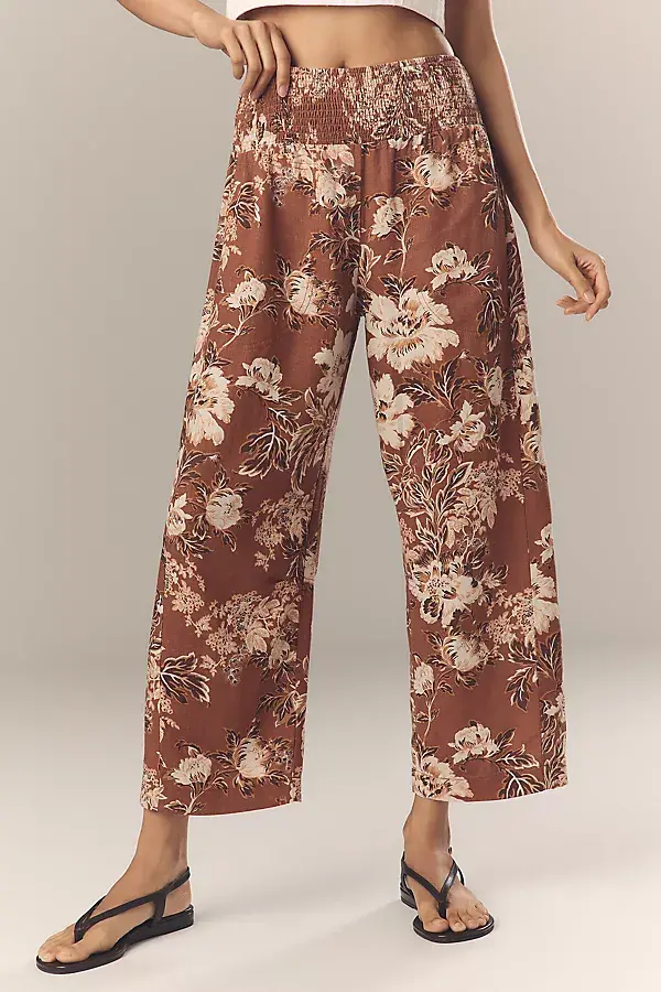 Anthropologie The Reese Printed Smocked Pull-On Barrel Pants By Pilcro Brown Pattern
