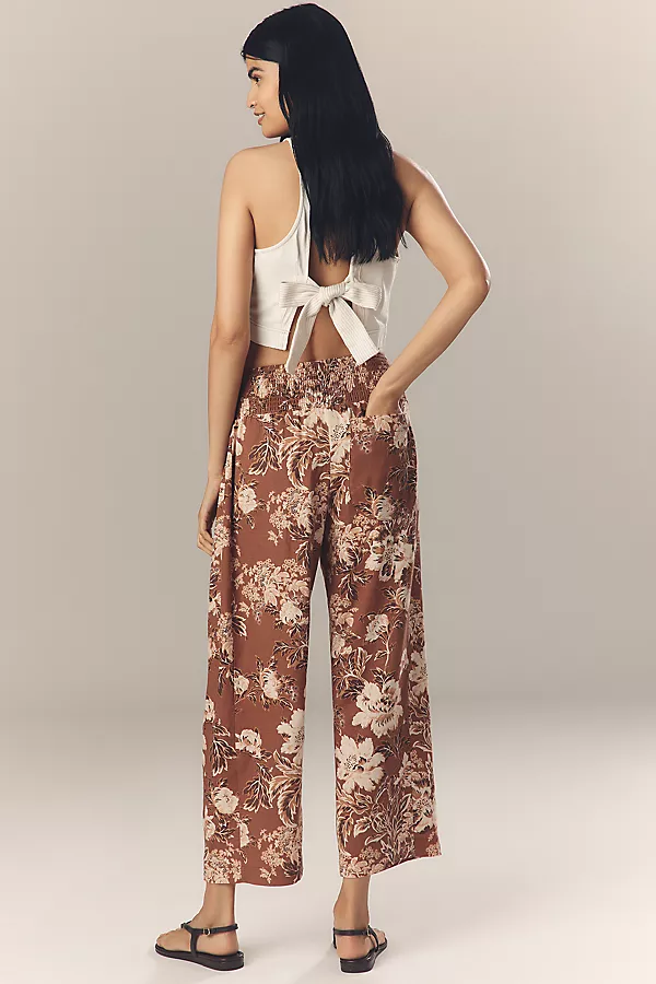 Anthropologie The Reese Printed Smocked Pull-On Barrel Pants By Pilcro Brown Pattern