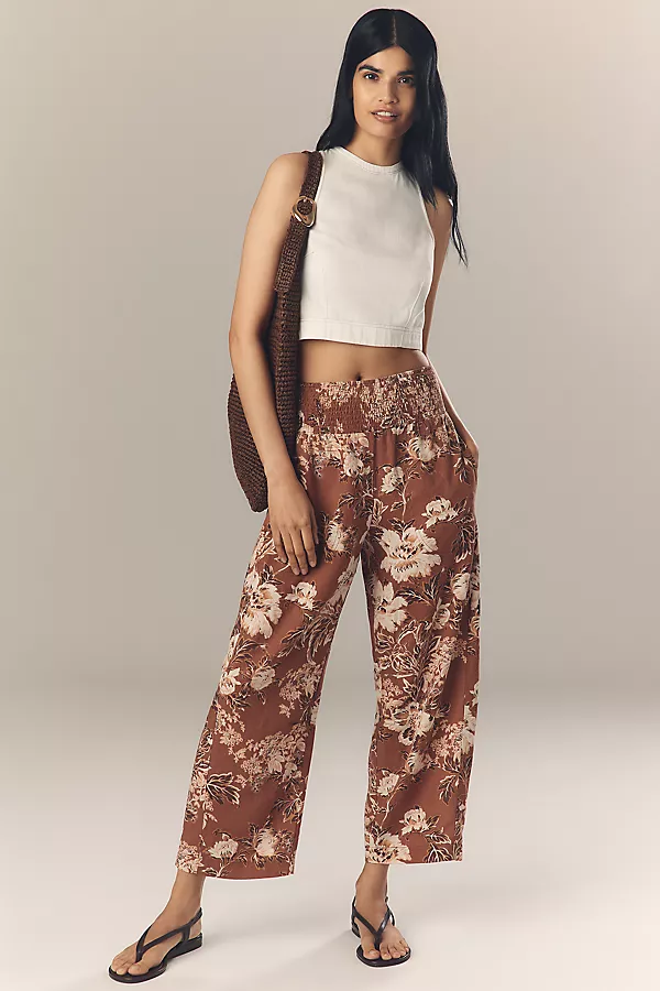 anthropologie The Reese Printed Smocked Pull-On Barrel Pants by Pilcro Brown Pattern