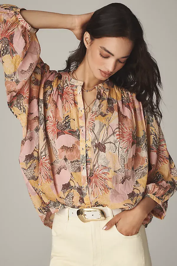 anthropologie The Sidney Batwing Blouse by Pilcro: Shrunken Edition Ivory Pattern