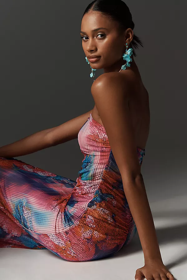 Anthropologie The Soleil Slim Strapless Ruched Mesh Dress Pink