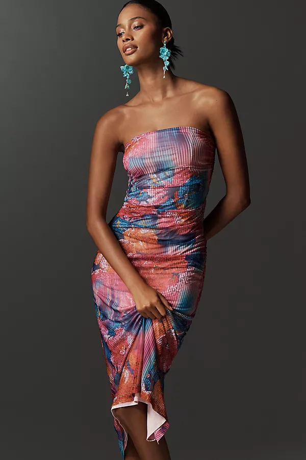 Anthropologie The Soleil Slim Strapless Ruched Mesh Dress Pink