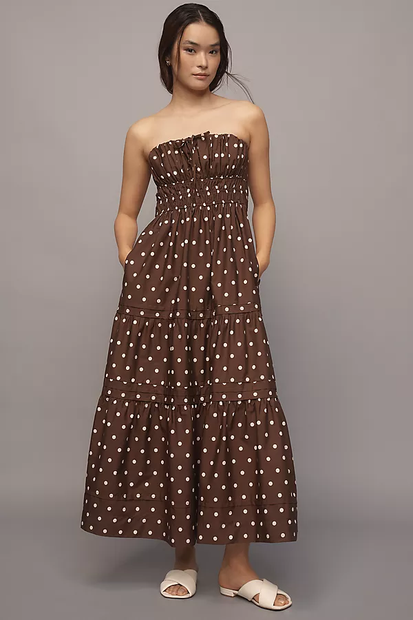 Anthropologie The Somerset Maxi Dress: Strapless Edition Brown Polka Dot