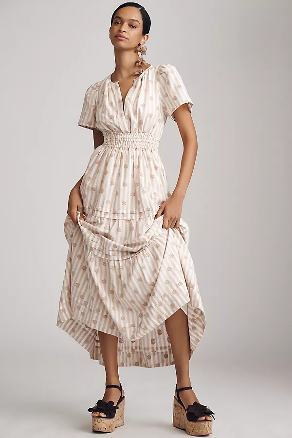 anthropologie The Somerset Maxi Dress: Textured Edition Tan Ivory Stripe