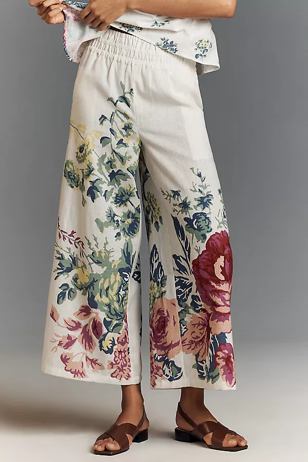 Anthropologie The Somerset Pull-On Pants: Printed Linen Cotton Edition Ivory Pattern