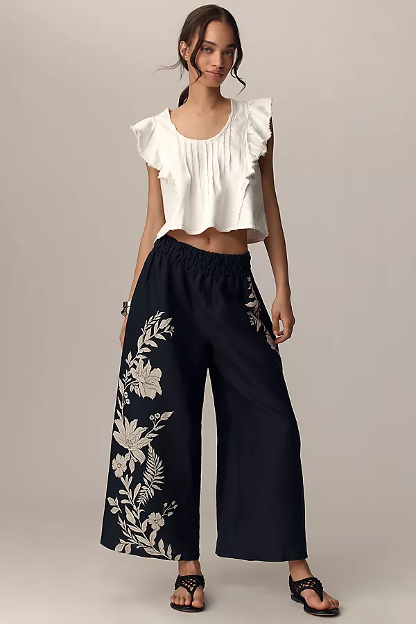 anthropologie The Somerset Pull-On Pants: Printed Linen Edition Black Pattern