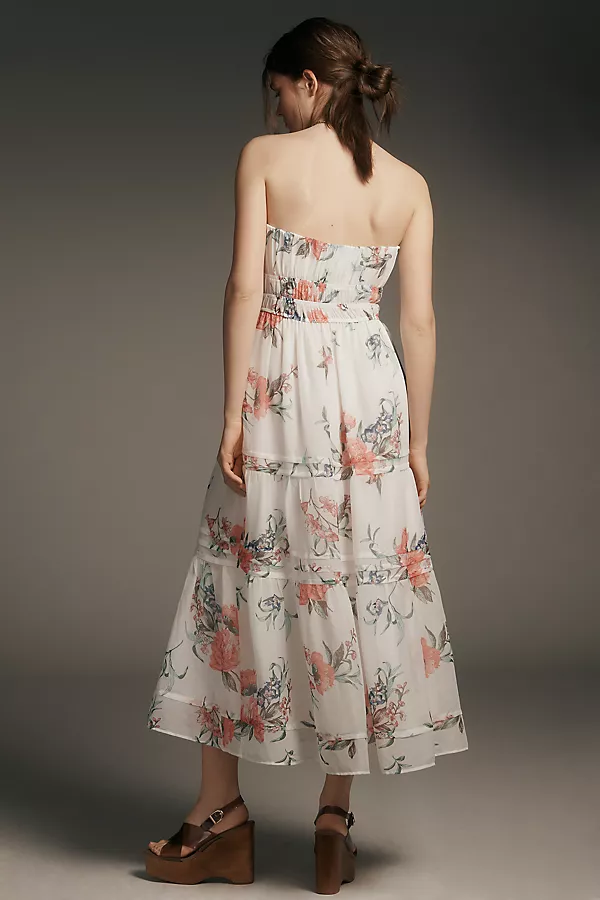 Anthropologie The Somerset Strapless Chiffon Midi Dress Ivory Floral
