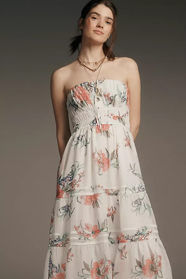 Anthropologie The Somerset Strapless Chiffon Midi Dress Ivory Floral