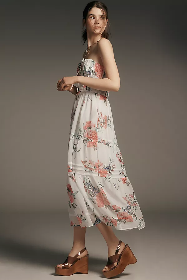 anthropologie The Somerset Strapless Chiffon Midi Dress Ivory Floral