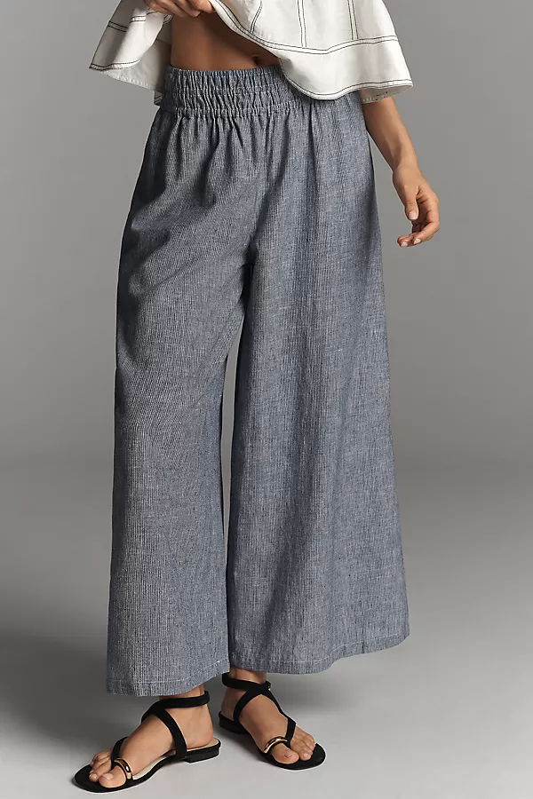 Anthropologie The Somerset Striped Linen Blend Pull-On Pants Grey Pattern