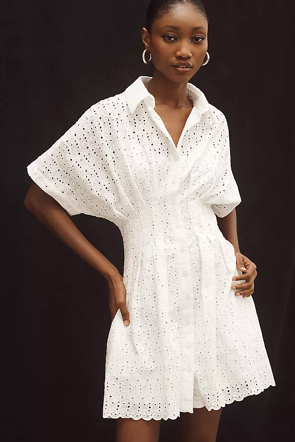 anthropologie The Tobie Button-Front Pleated Eyelet Mini Shirt Dress by Exquise White