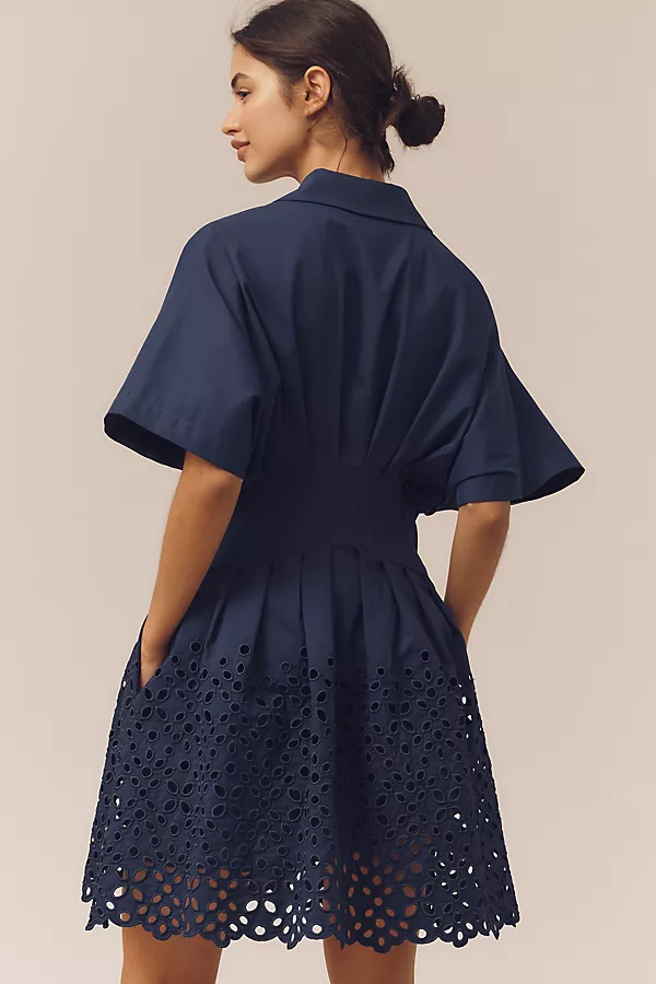 Anthropologie The Tobie Button-Front Pleated Mini Shirt Dress By Exquise Navy