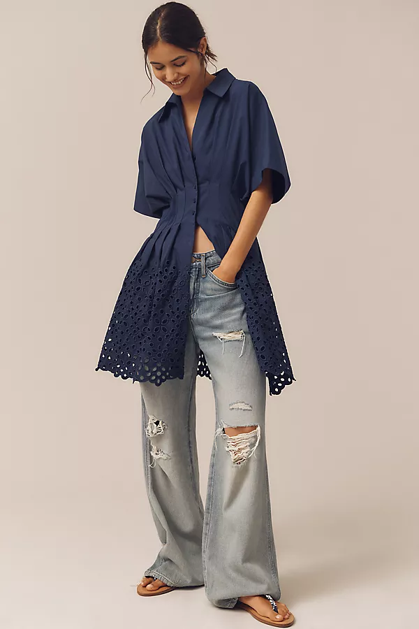 Anthropologie The Tobie Button-Front Pleated Mini Shirt Dress By Exquise Navy