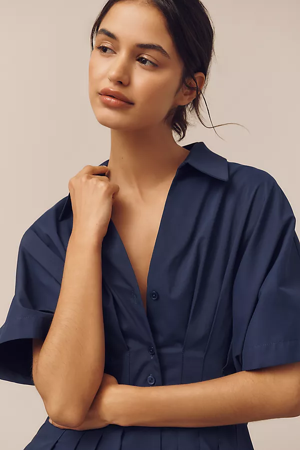 Anthropologie The Tobie Button-Front Pleated Mini Shirt Dress By Exquise Navy