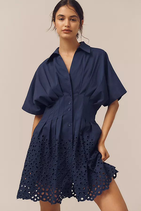 anthropologie The Tobie Button-Front Pleated Mini Shirt Dress by Exquise Navy