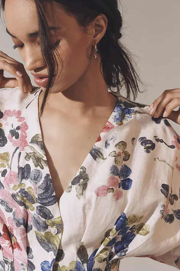 Anthropologie The Tobie Button-Front Pleated Shirt Dress By Exquise: Linen Mini Edition Neutral Pattern