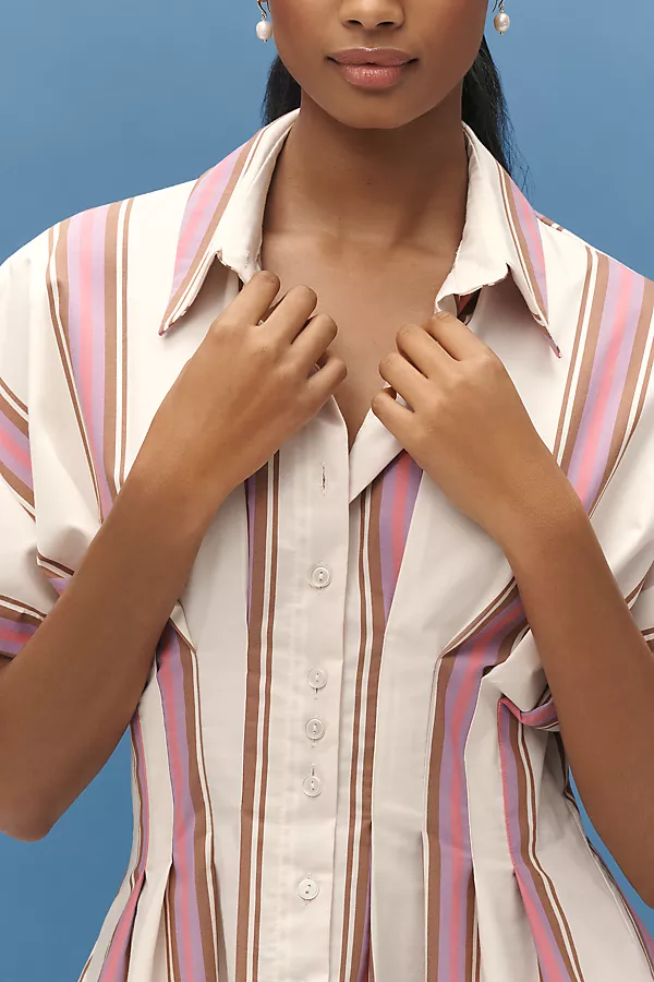 Anthropologie The Tobie Mini Shirt Dress By Exquise Ivory & Pink Stripe