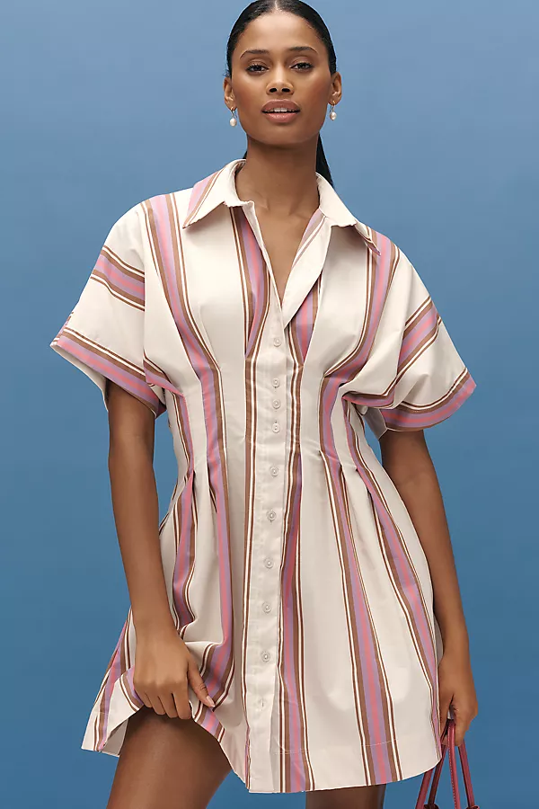 anthropologie The Tobie Mini Shirt Dress by Exquise Ivory & Pink Stripe anthropologie The Tobie Mini Shirt Dress by Exquise Ivory & Pink Stripe