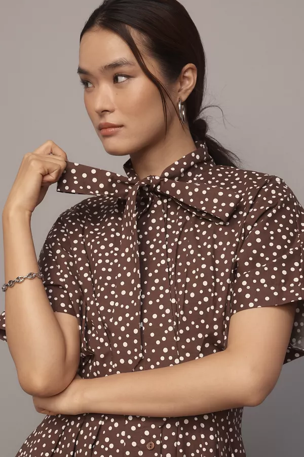 Anthropologie The Tobie Mini Shirt Dress By Exquise: Tie Neck Edition Brown/White Dot