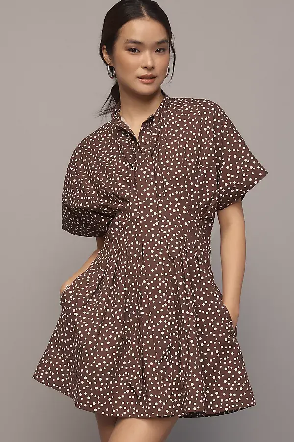 anthropologie The Tobie Mini Shirt Dress by Exquise: Tie Neck Edition Brown/White Dot