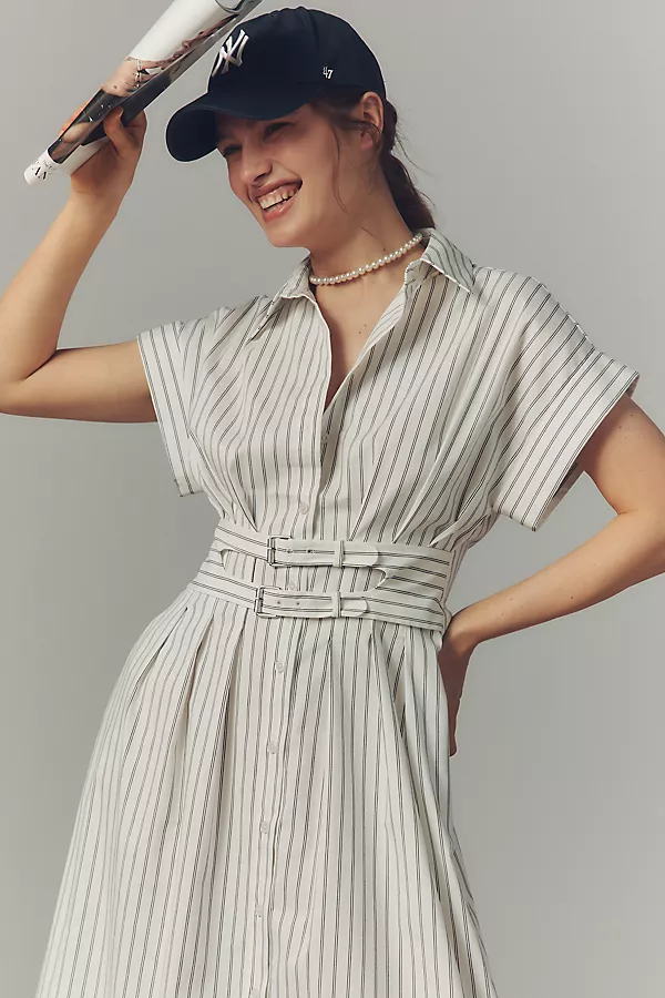 Anthropologie The Tobie Shirt Dress By Exquise: Double Buckle Edition Black & White Pinstripe