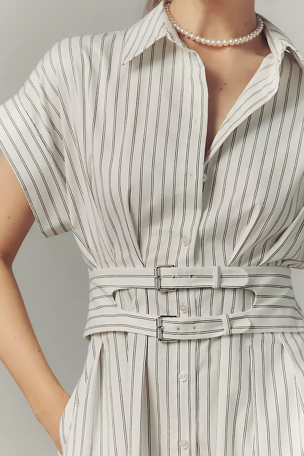 Anthropologie The Tobie Shirt Dress By Exquise: Double Buckle Edition Black & White Pinstripe