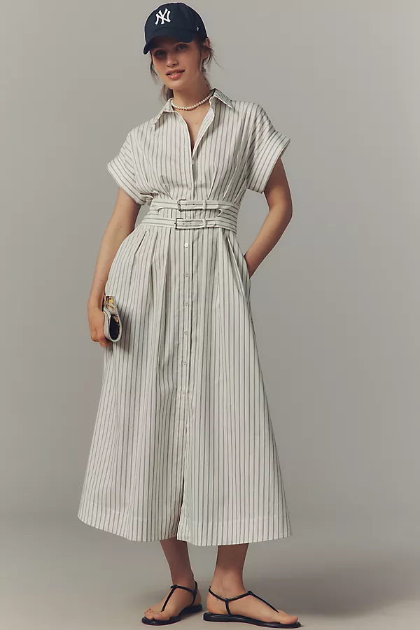 anthropologie The Tobie Shirt Dress by Exquise: Double Buckle Edition Black & White Pinstripe