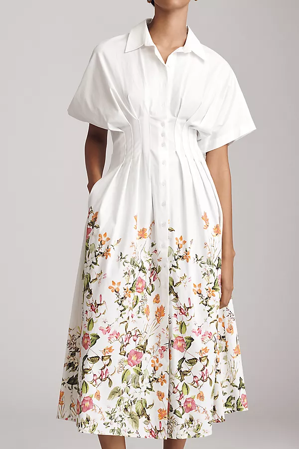 Anthropologie The Tobie Shirt Dress By Exquise White Placed Floral