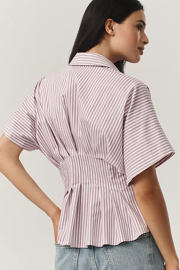 Anthropologie The Tobie Short-Sleeve Pleated Blouse By Exquise Purple Pattern