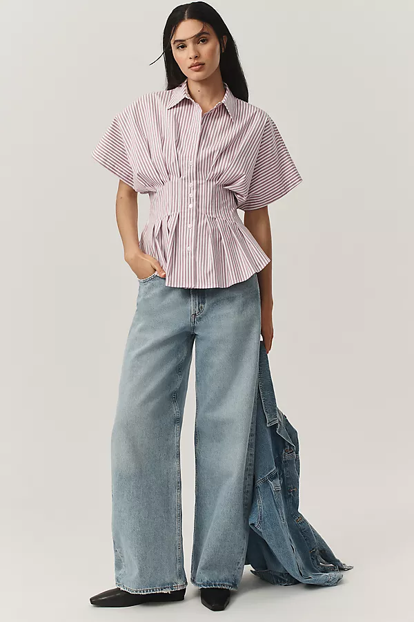 Anthropologie The Tobie Short-Sleeve Pleated Blouse By Exquise Purple Pattern