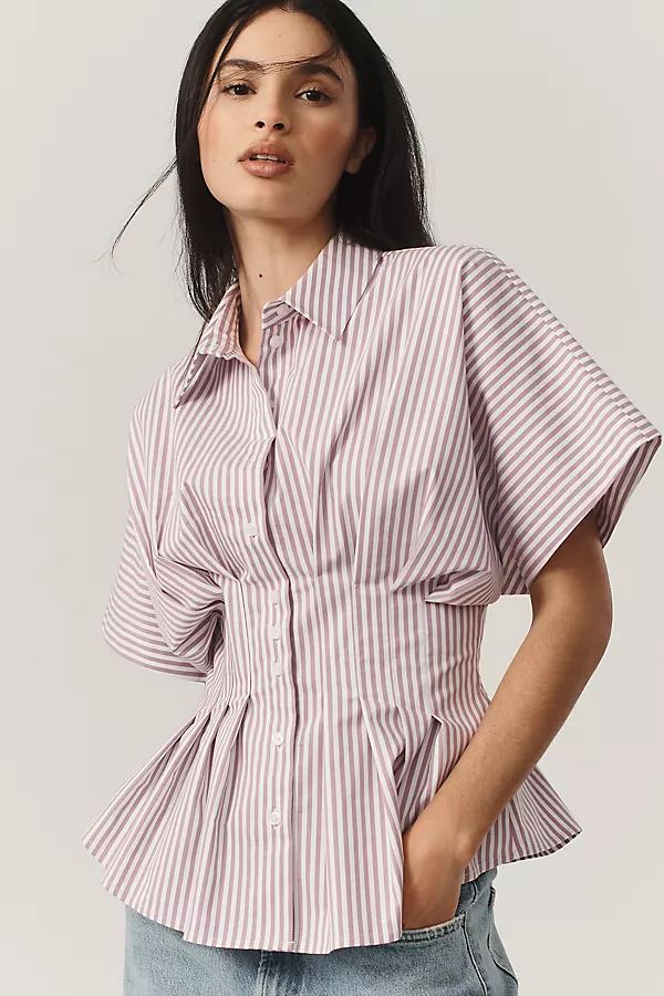 anthropologie The Tobie Short-Sleeve Pleated Blouse by Exquise Purple Pattern