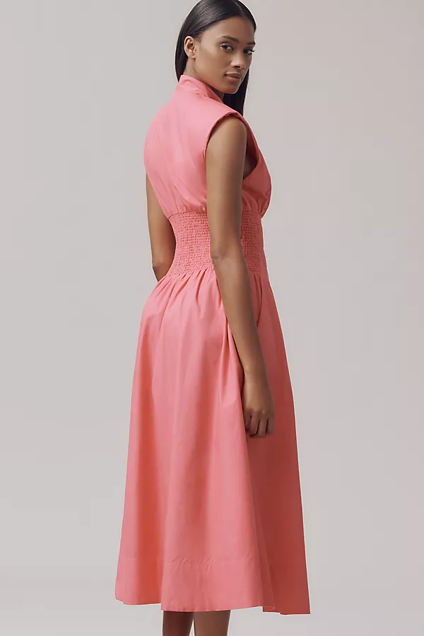 Anthropologie The Tommie Cap-Sleeve Smocked Front-Zip Shirt Dress Azalea Pink