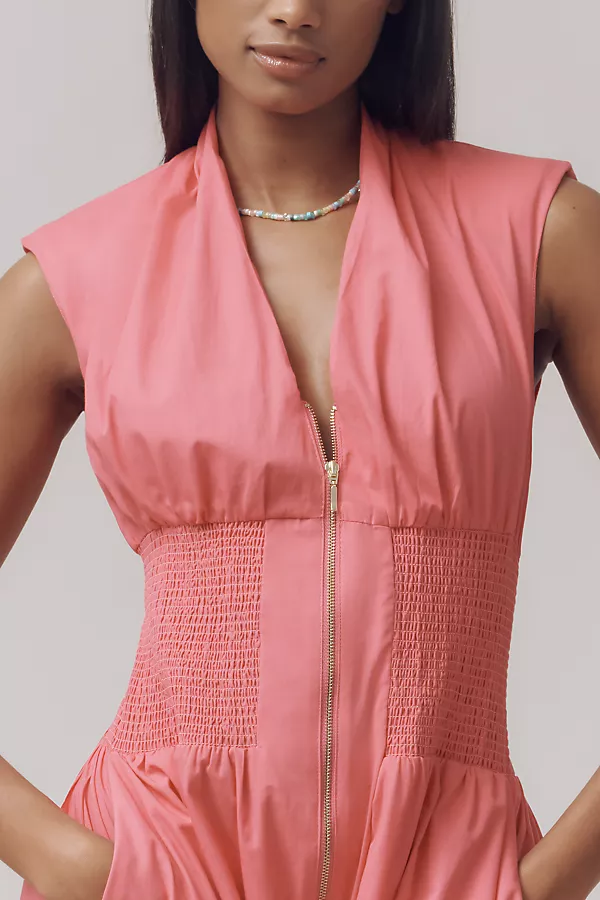 Anthropologie The Tommie Cap-Sleeve Smocked Front-Zip Shirt Dress Azalea Pink