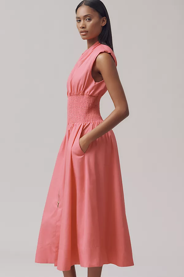 Anthropologie The Tommie Cap-Sleeve Smocked Front-Zip Shirt Dress Azalea Pink