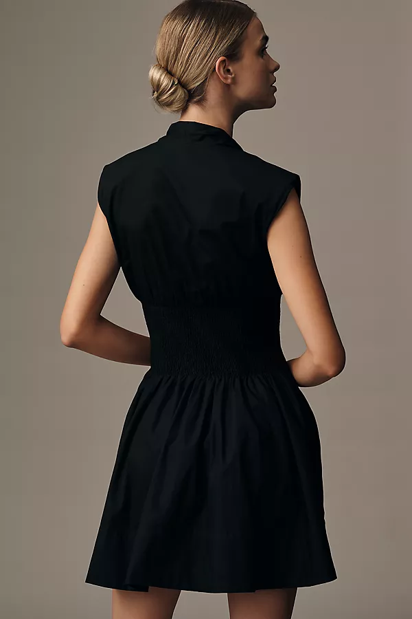 Anthropologie The Tommie Cap-Sleeve Smocked Front-Zip Shirt Dress: Mini Edition Black