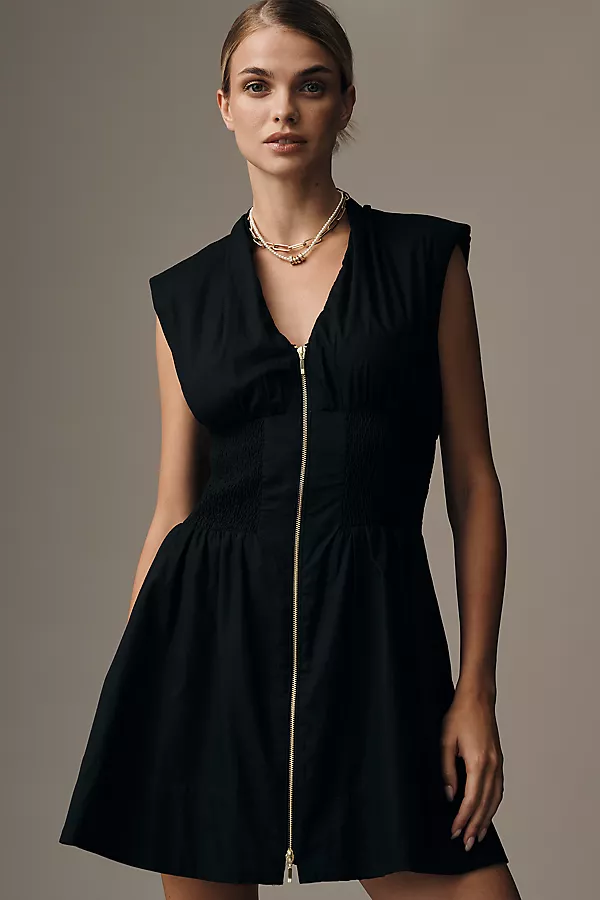 Anthropologie The Tommie Cap-Sleeve Smocked Front-Zip Shirt Dress: Mini Edition Black
