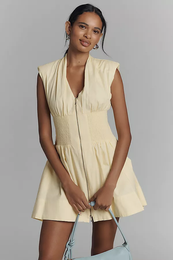anthropologie The Tommie Cap-Sleeve Smocked Front-Zip Shirt Dress: Mini Edition Yellow